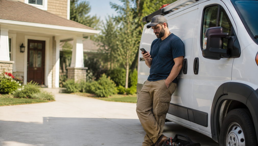 A contractor beside his work van in a driveway